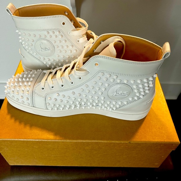 All white Christian Louboutin Louis flat calf/spikes in excellent condition. - Picture 1 of 5